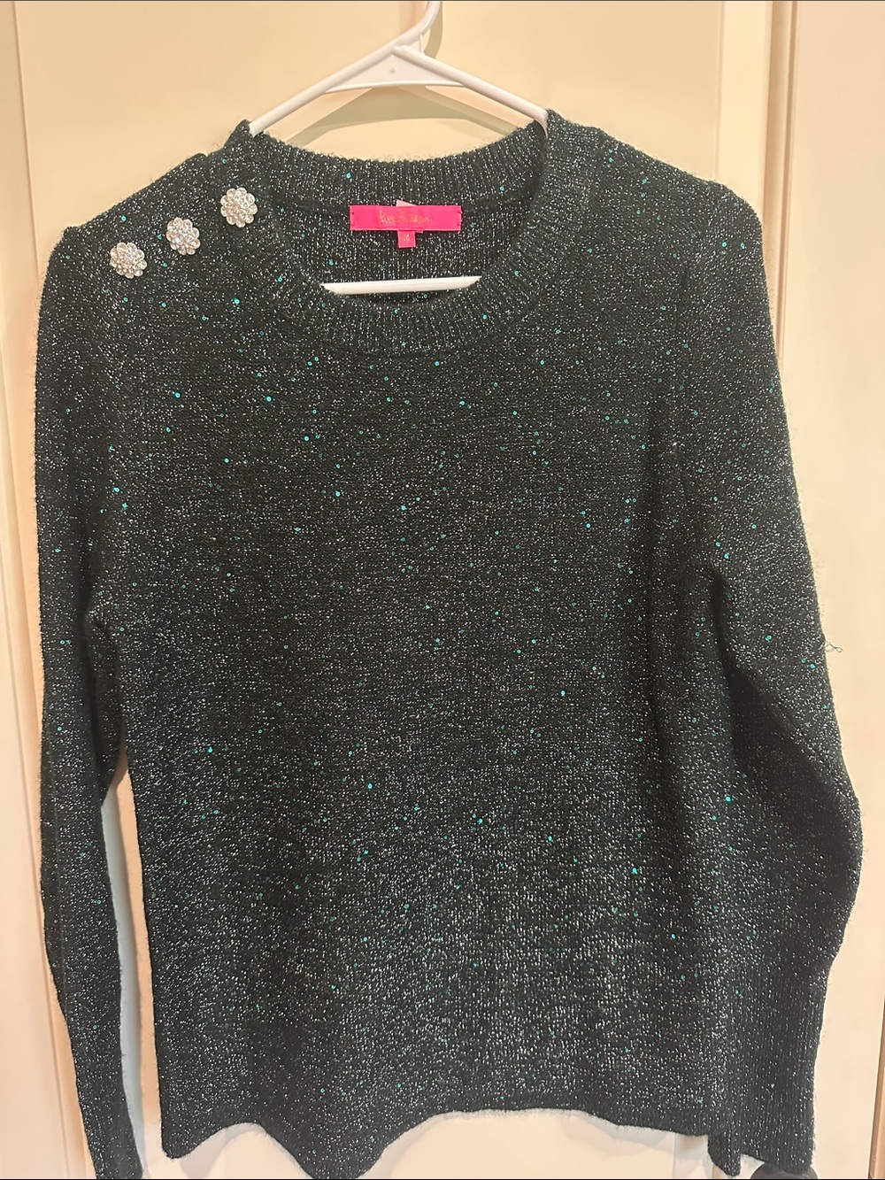 Sparkle Crewneck Sweater with Decorative Shoulder Buttons - Black/Teal
